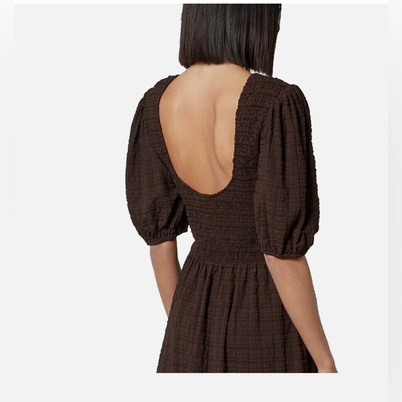 GANNI Brown Checked Seersucker Smocked Mini Dress US 38 - Picture 3 of 7